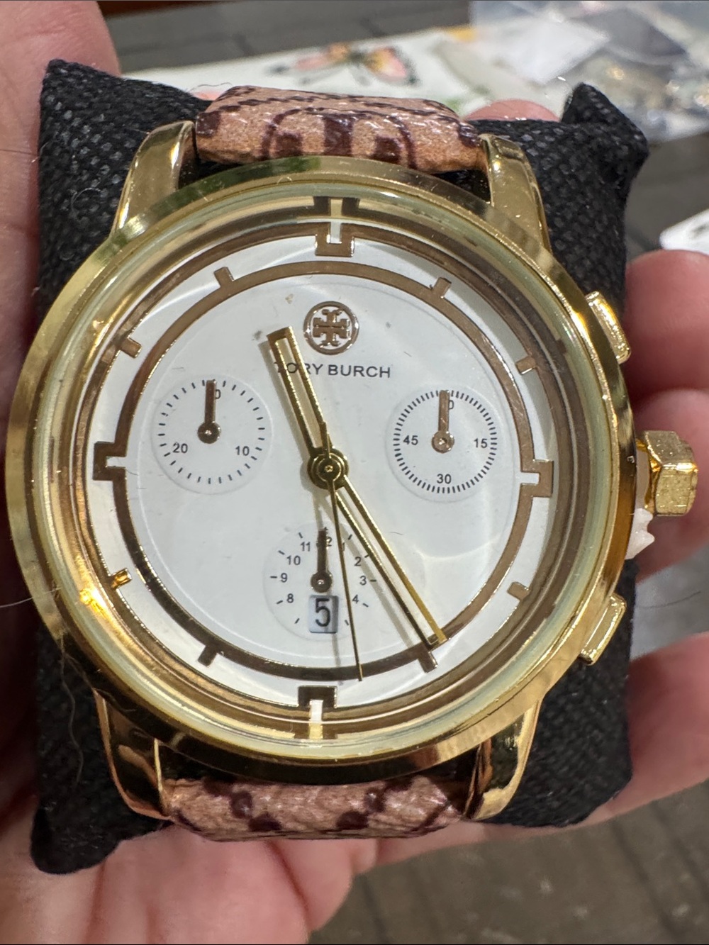 Gold Tone Chronograph Watch with White Dial and Brown Strap